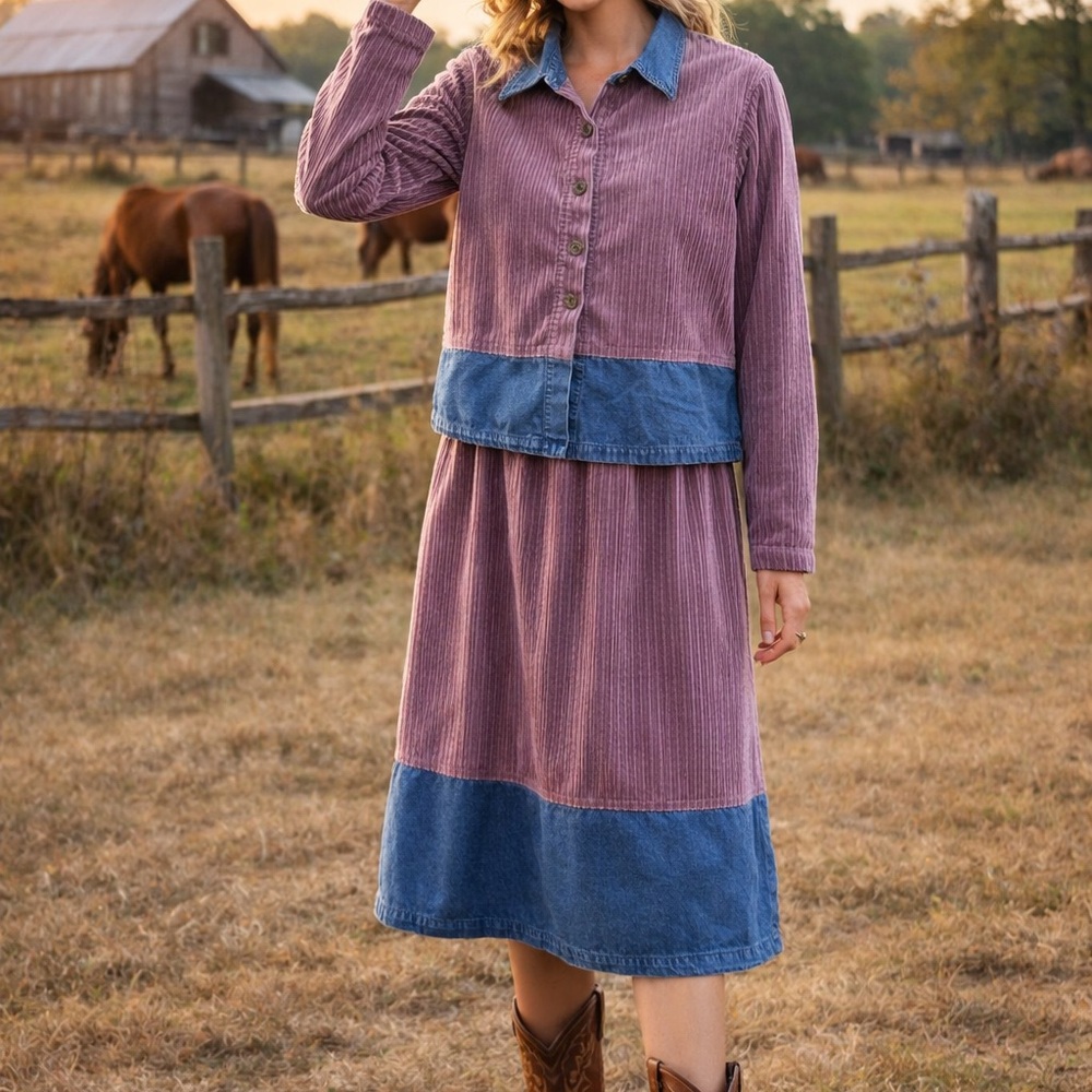 Vintage Purple and Blue Corduroy Shirt and Skirt set
